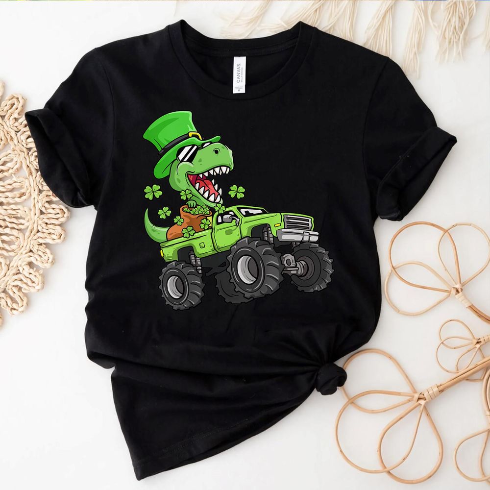Kids Boys St Patricks Day Toddler T-rex Dinosaur Truck Shirt Unisex Standard T-Shirt black s