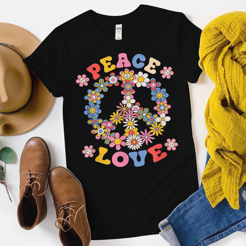 Peace Sign Love 60s 70s Hippie Costume Flowers Women Girls Shirt Unisex Standard T-Shirt black s