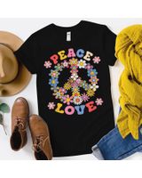 Peace Sign Love 60s 70s Hippie Costume Flowers Women Girls Shirt Unisex Standard T-Shirt black s